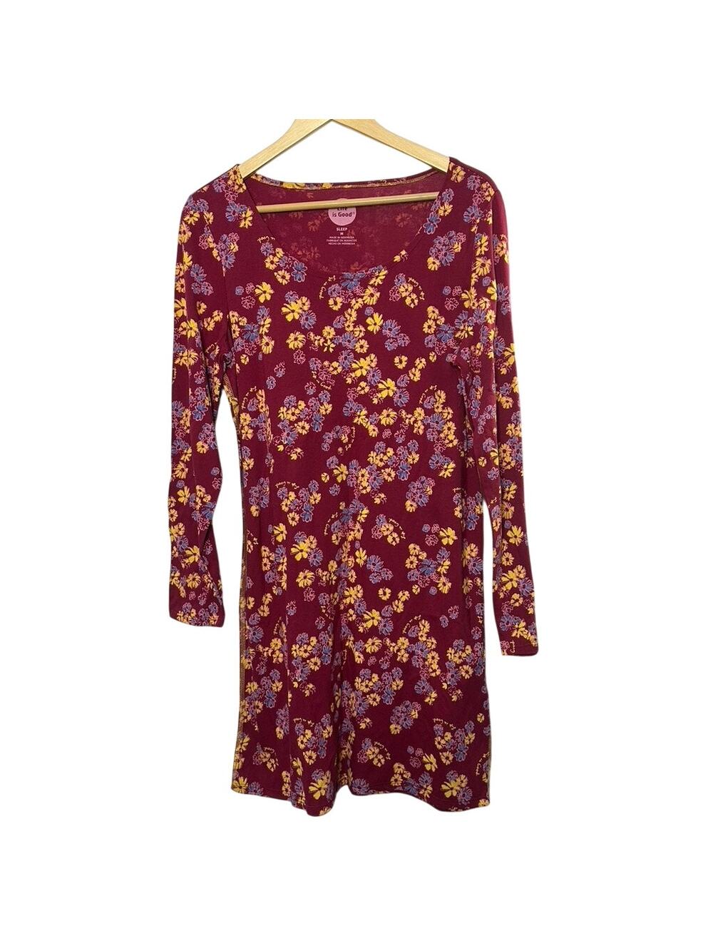 Life is Good Magenta Floral Long Sleeve Night Sleep Shirt Gown Size Medium New
